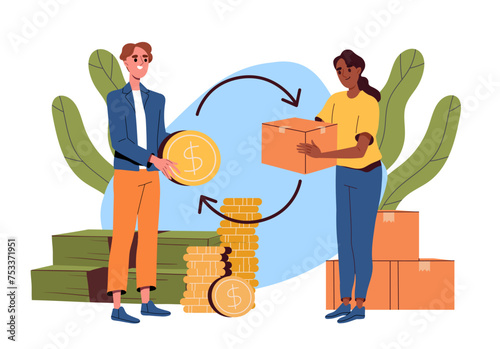 People exchanged goods concept. Man with golden coin and woman with cardboard box. Import and export of parcels. Globalization and global business. Cartoon flat vector illustration