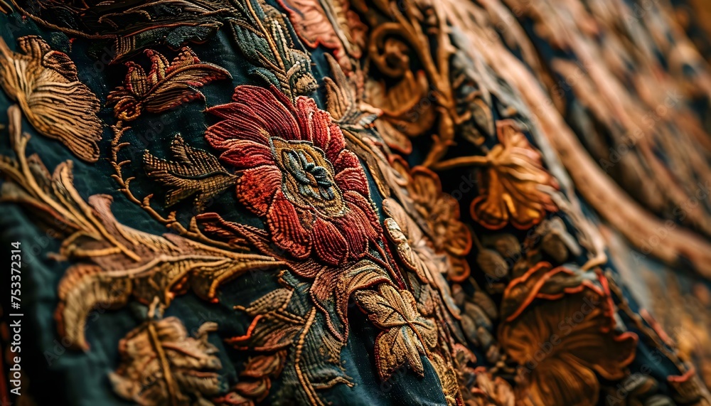 a close up of a piece of cloth with a flower on it - obrazy, fototapety, plakaty 