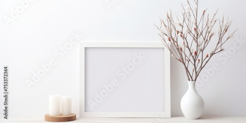 Arrange white frame and branches in vase on shelf or desk. © Vusal