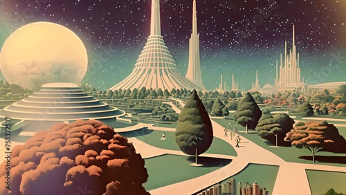 Retrofuturistic landscape in 80s sci-fi style. Retro science fiction scene with futuristic buildings photo