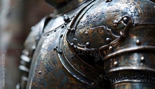 a close up of a metal armor with rivets