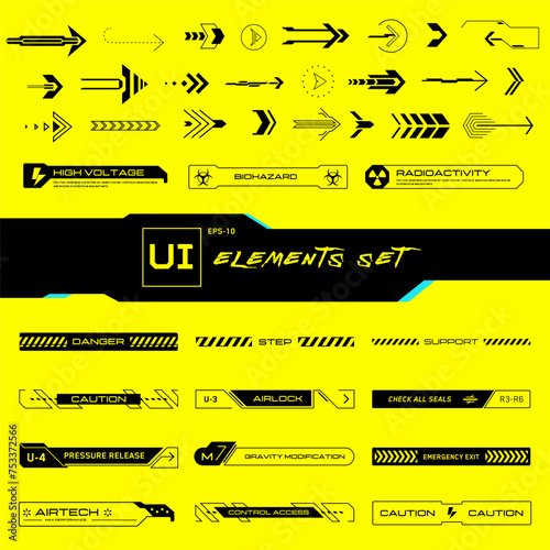 Cyberpunk UI elements set. Set of vector arrows and buttons in futuristic style. Inscriptions, symbols. Callouts titles.