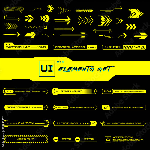 Cyberpunk UI elements set. Set of vector arrows and buttons in futuristic style. Inscriptions, symbols. Callouts titles.
