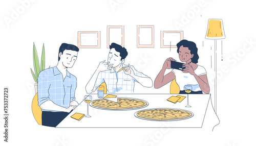 People at pizza party simple. Men and woman near slices of pizza and glasses with champagne. Traditional italian cuisine. Friends eat fast food indoor. Doodle flat vector illustration