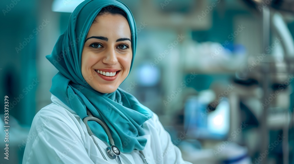 A happy confident senior Arab surgeon is in an operation room. A female doctor in a green scrub suit preparing for an operation is smiling. Background design for hospital and health presentation. A happy confident senior Arab surgeon is in an operation room. A female doctor in a green scrub suit preparing for an operation is smiling. Background design for hospital and health presentation.