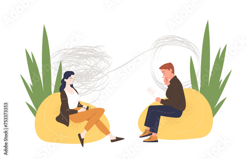 Psychologist consulting concept. Man helps untangled woman. Consultation and support. Psychology and mental health. Advice and treatment. Cartoon flat vector illustraton isolated on white background