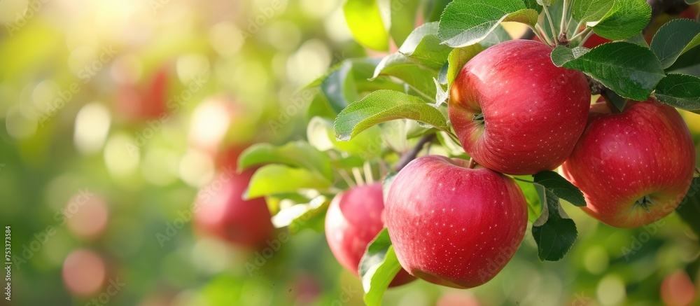 Organic red apples growing on a tree. Organic red apples growing on a tree.