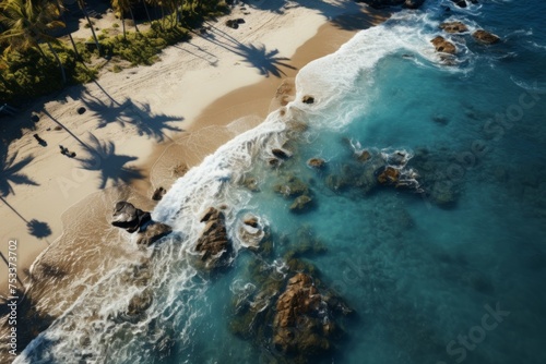 top view beach , blue ocean and palm trees, rocks, pristine nature, summer vacation mood, coastal, hyper realistic