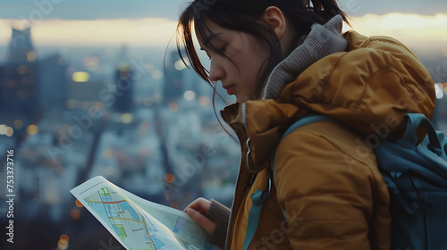 Uma jovem exploradora em uma praça movimentada de uma cidade com arquitetura histórica olhando um mapa photo