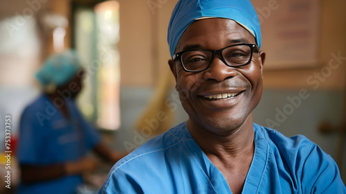 A happy confident senior black surgeon is in an operation room. A male doctor in a blue scrub suit preparing for an operation is smiling. Background design for hospital and health presentation.