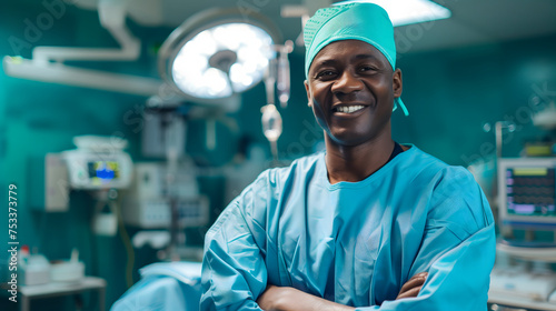 A happy confident young black surgeon is in an operation room. A male doctor in a blue scrub suit preparing for an operation is smiling. Background design for hospital and health presentation. photo