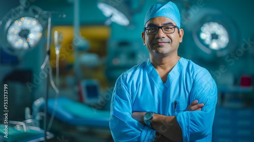 A happy and confident senior Indian surgeon is in an operation room. A male doctor in a blue scrub suit preparing for an operation is smiling. Background design for hospital and health presentation.