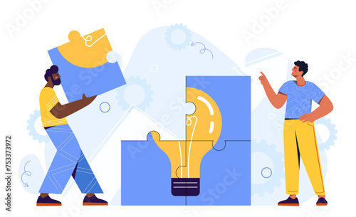Search for ideas concept. Men with puzzles with lightbulb. Creativity and brainstorming. Workers with business project or start up. Cartoon flat vector illustration isolated on white background