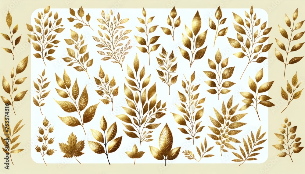 A collection of golden botanical illustrations, featuring leaves and branches with a shimmering texture, on a white background, suitable for any decor. - obrazy, fototapety, plakaty 