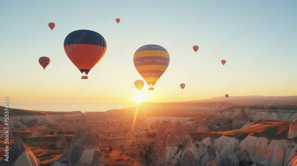 Obraz premium Hot air balloons flying over mountain at sunrise