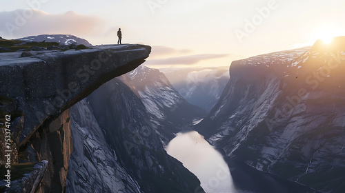 Explorador contempla vasta paisagem montanhosa em luz suave evocando uma aventura repleta de tons cálidos