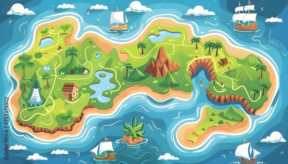 Naklejka premium Cartoon map with sea and island