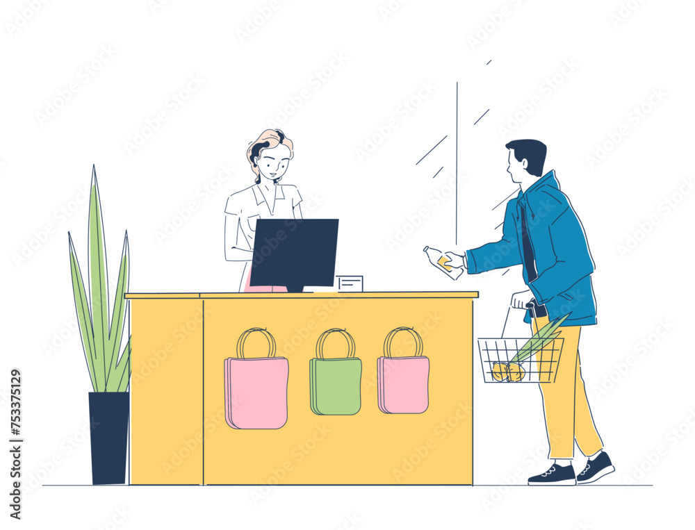 People in supermarket simple. Man and woman in grocery store or shop. Client and seller at cash register. Young guy and girl near checkout. Doodle flat vector illustraton isolated on white background People in supermarket simple. Man and woman in grocery store or shop. Client and seller at cash register. Young guy and girl near checkout. Doodle flat vector illustraton isolated on white background