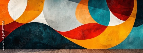 Striking abstract mural with bold overlapping circles in a fiery and cool color palette on a textured surface. photo