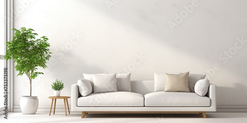 Scandinavian-style a white room with a sofa.
