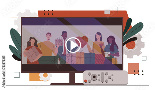 Television industry concept. Remote controller near televisor. TV show with men and women. Evening entertainment, fun and leisure. Cartoon flat vector illustration isolated on white background