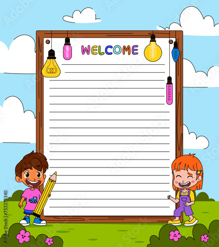 Notepad for kids. Boy and girl near list for notes. Schoolers with stationery for organizing effective educational process. Tasks and goals, planning. Cartoon flat vector illustration