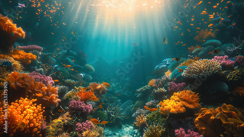 Vibrant underwater seascape with sunbeams illuminating colorful coral reef. © visual artstock