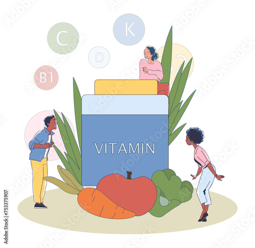 People with vitamins simple. Man and woman near carrot and apple. Young guy and girls with vegetables and fruits. Proper diet and nutrition, healthy eating. Cartoon flat vector illustraton