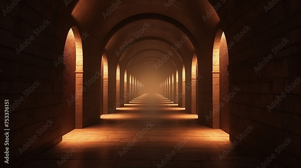 3d render roman ancient tunnel corridor made of stone decorated with torches and arches background - obrazy, fototapety, plakaty 