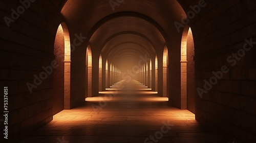 3d render roman ancient tunnel corridor made of stone decorated with torches and arches background photo