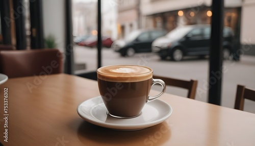 A cup of coffee  cappuccino on a wooden table. in a chill cafe 