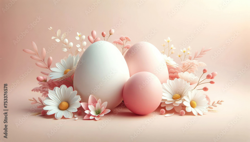 Soft pink background with easter decorations , delicate white flowers and eggs. Soft pink background with easter decorations , delicate white flowers and eggs.