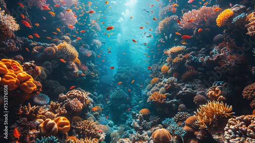 Vibrant underwater seascape with sunbeams illuminating colorful coral reef.