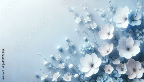 Soft blue floral background with composition of paper flowers.
