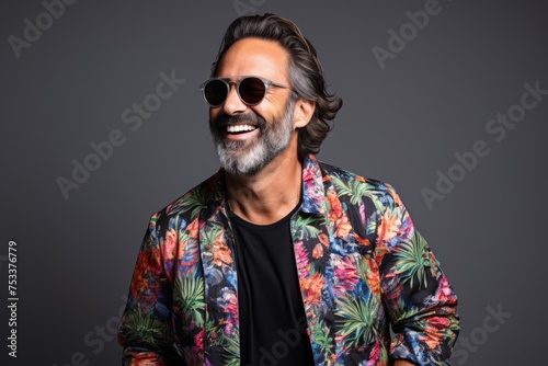 Handsome hippie man wearing a colorful shirt and sunglasses over grey background