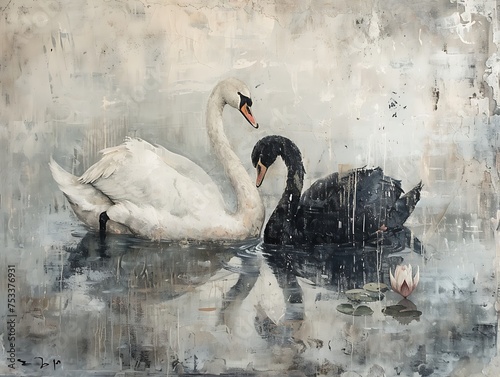 Fototapeta Naklejka Na Ścianę i Meble -  moody black and white swan painting for wall art and decoration background illustration, animal inspires art work