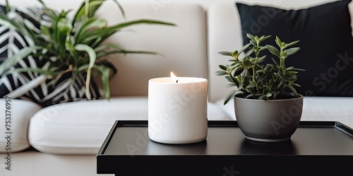 Photo of black jug and white candle on wooden table in bright living room interior with grey couch and plants.
