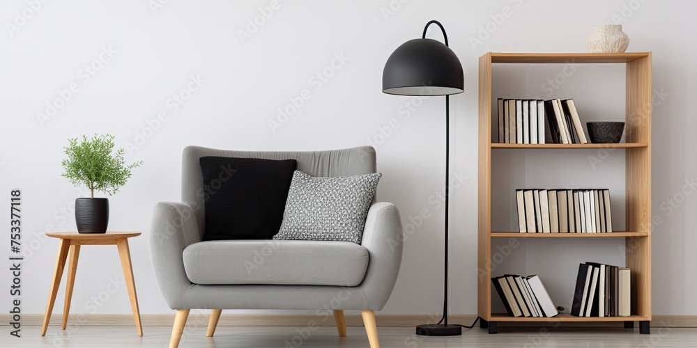 Cozy gray furniture with wood shelves and a black lamp in a bright living space. Cozy gray furniture with wood shelves and a black lamp in a bright living space.