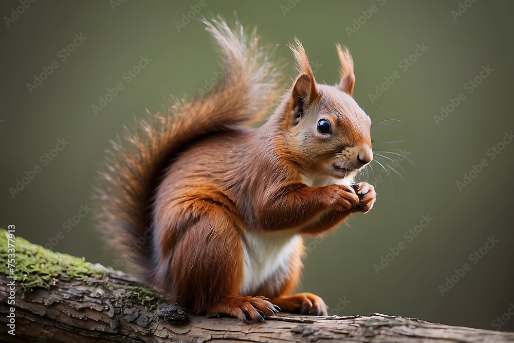 Red squirrel sitting on wooden log and eating nut Red squirrel sitting on wooden log and eating nut