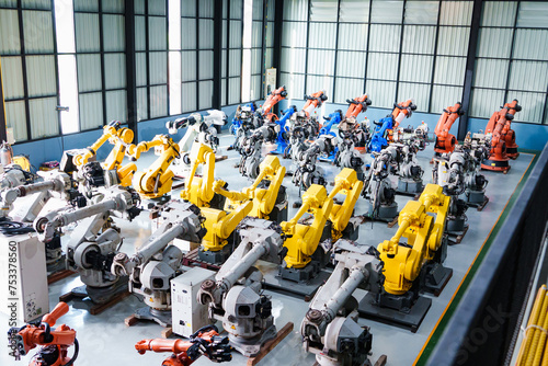 Photography Robot arm in the manufacturing automation and robotics manufacturing room for in