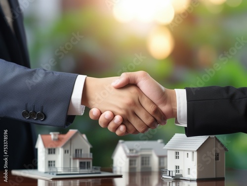 Business handshake with property models in the background signifying successful real estate deals