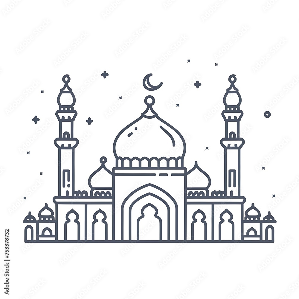  illustration of mosque and crescent moon in flat line style