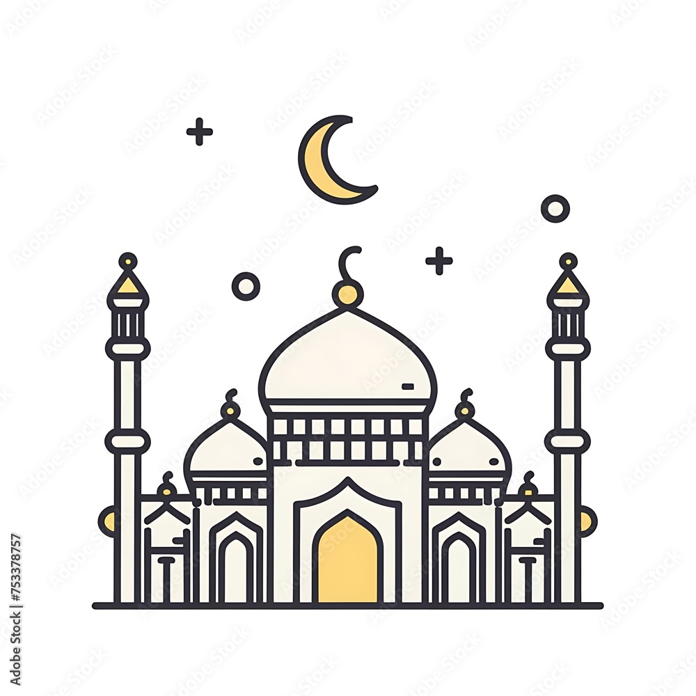  illustration of mosque and crescent moon in flat line style