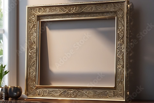 Golden picture frame on the wall. 3d rendering mock up.
