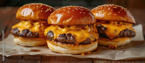 Bacon and sauteed onions enhance a cheeseburger, accompanied by seasoned French fries. © Vusal