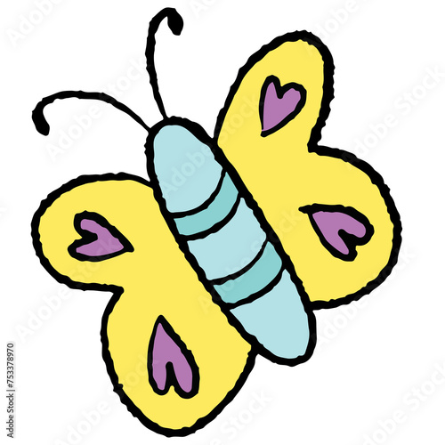 Hand drawn butterfly in crayon for animal, pet, vet, tree, plant, brand logo, icon, decorations, spring, summer, picnic, stickers, tattoo, fashion, print, card, clothing, accessory, garden, plush toy