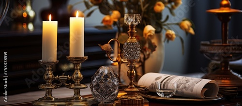 Candle holder and decorative items on table in a room