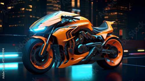a futuristic motorcycle glows over the city in the style of 8k resolution lights