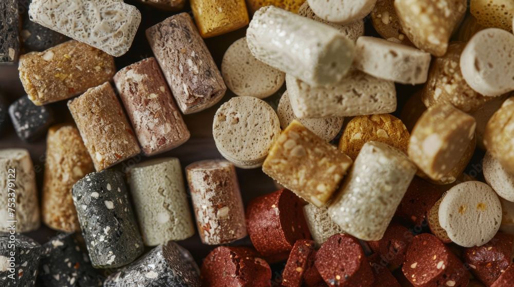 A detailed view of biodegradable composite pellets made from a mix of plantbased fibers and natural binders. The different colors and textures highlight the variety of sustainable A detailed view of biodegradable composite pellets made from a mix of plantbased fibers and natural binders. The different colors and textures highlight the variety of sustainable