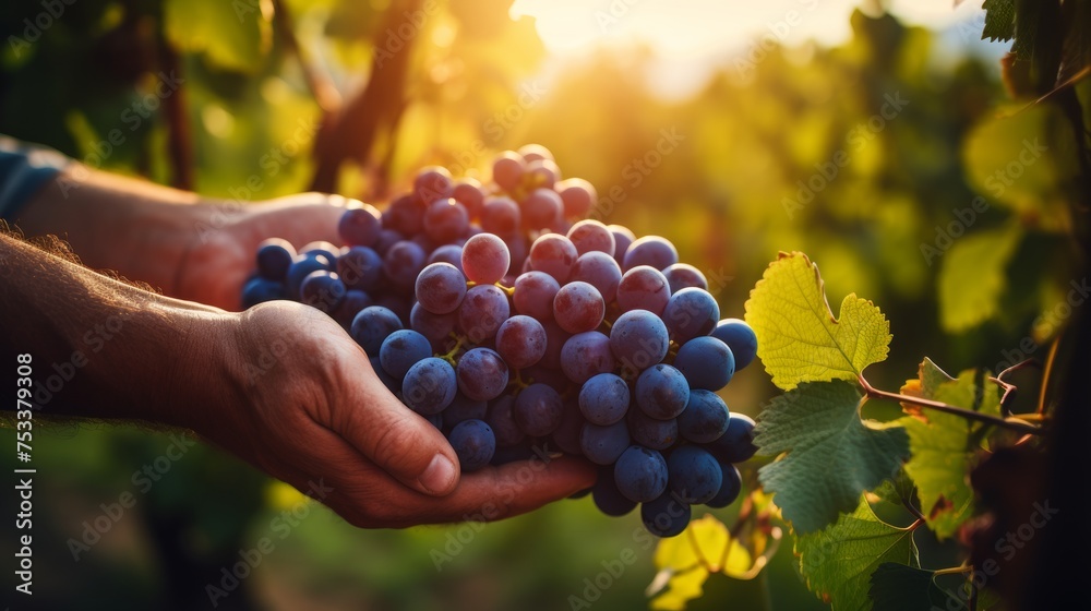 Hands holding ripe grapes in a vineyard, symbolizing the harvest and natural produce. - obrazy, fototapety, plakaty 